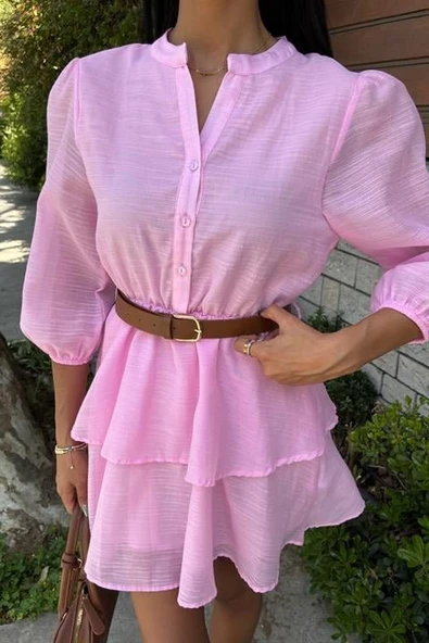 Deri Kemerli Fırfırlı Elbise 2901 - Resim 8