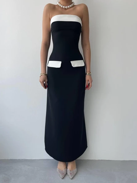 Cep Detaylı Straplez Elbise - Resim 2