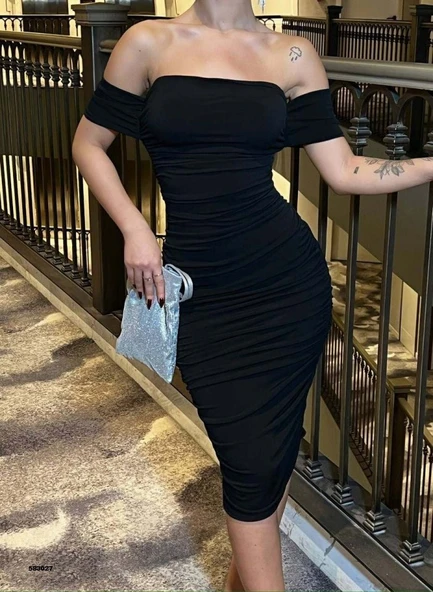 Kadın Madonna Yaka Sandy Kumaş Büzgü Detay Midi Boy Elbise - Resim 4