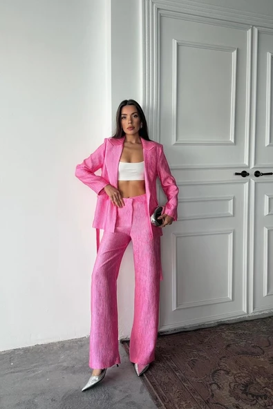 Pembe Beli Kuşaklı Ceket Ve Pantolon Parlak Takım - Resim 4