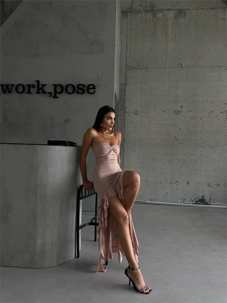 STRABLEZ SANDY ELBİSE YANLARI KATLI - Bej ürün görseli