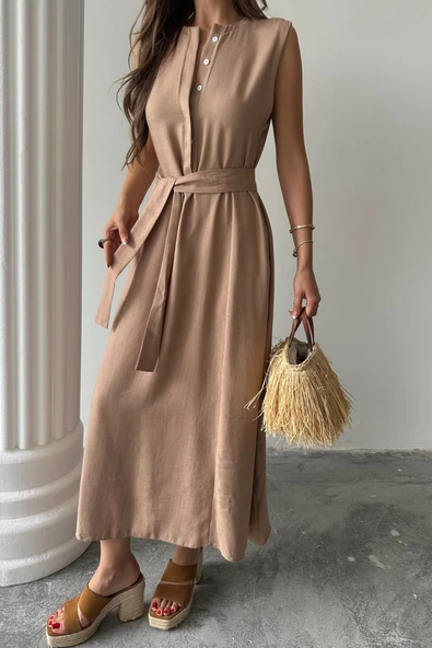 KETEN ELBİSE KOLSUZ BEL BAĞLAMALI MAXİ ELBİSE - Kahverengi - Resim 3