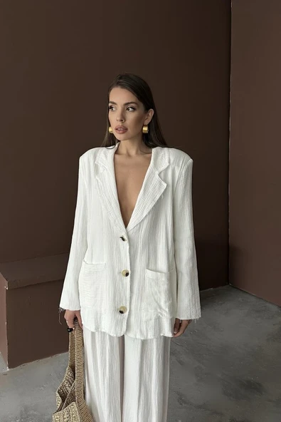 Beyaz Oversize Müslin Takım - Resim 4