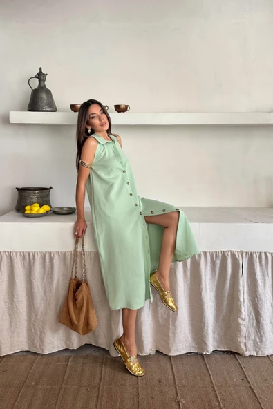 KETEN ÖNDEN DÜĞMELİ KOLSUZ GÖMLEK YAKA ELBİSE - Mint - Resim 3