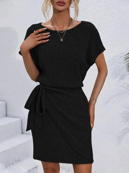 Kadın Kısa Kollu Yakası Açık Belden Lastikli Yandan Bağlamalı Kalın Fitilli Kaşkorse Elbise - Resim 4