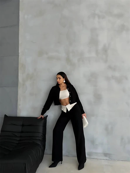 KETEN GÖMLEK-CROP-SALAŞ PANTOLON TAKIM - Siyah