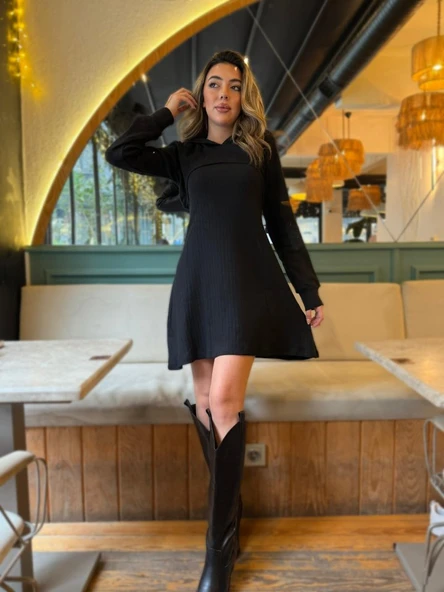 Kadın Uzun Kollu Kapüşonlu Ceket üst Ve Askısız Kare Yaka A Kesim şardonlu Kaşkorse Elbise - Resim 5