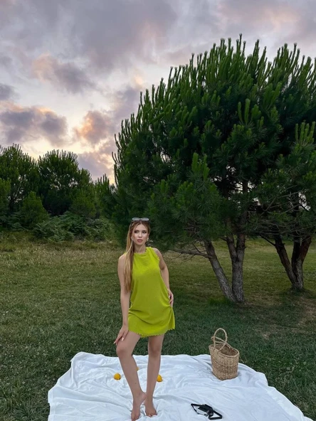 Kadın Keten Kumaş Kolsuz Mini Boy Elbise - Resim 3