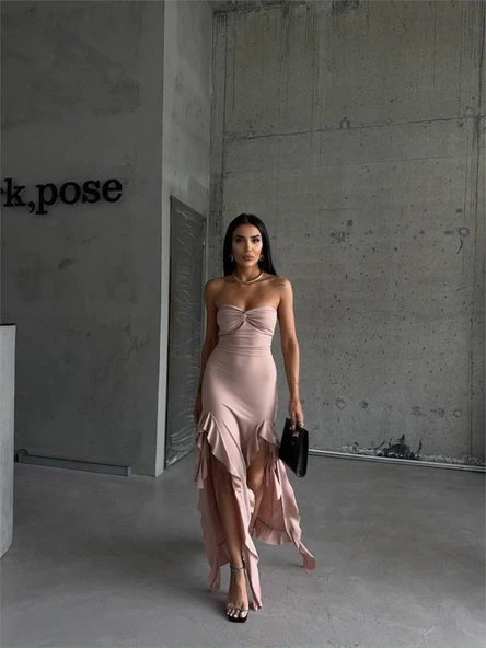 STRABLEZ SANDY ELBİSE YANLARI KATLI - Bej - Resim 3