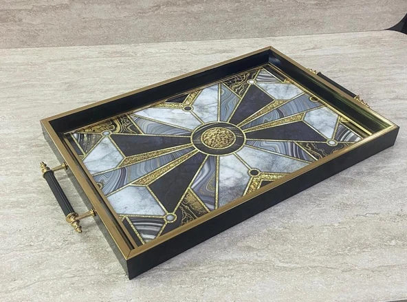 Dijital Baskılı Cam Servis Tepsisi – Modern Desenli, Metal Kulplu 42x29 cm - 2