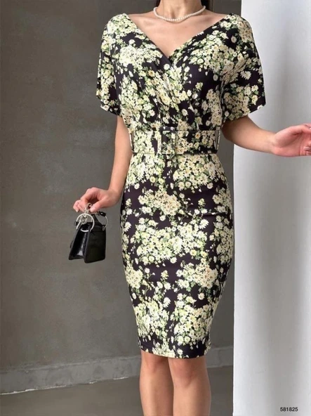 Kadın Dalgıç Kumaş V Yaka çiçek Desenli Kuşaklı Kalem Elbise - Resim 2