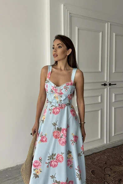 Bebe Mavi İnce Kemer Detaylı Elbise - Resim 4