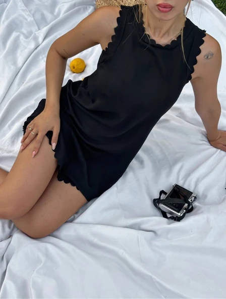 Kadın Keten Kumaş Kolsuz Mini Boy Elbise - Resim 6