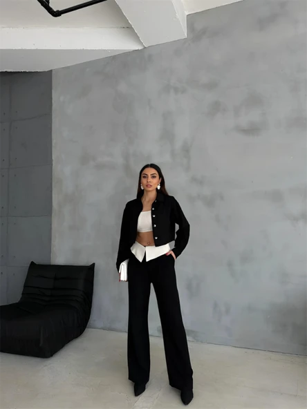 KETEN GÖMLEK-CROP-SALAŞ PANTOLON TAKIM - Siyah - 4