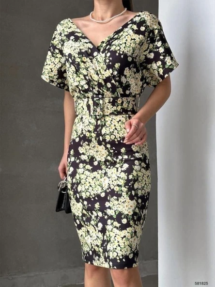 Kadın Dalgıç Kumaş V Yaka çiçek Desenli Kuşaklı Kalem Elbise ürün görseli