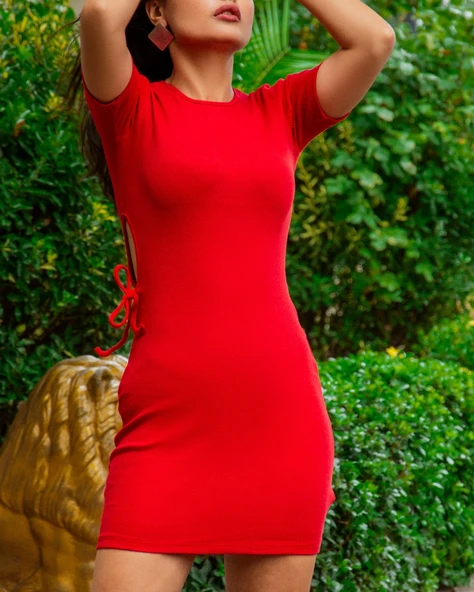 Kadın Kırmızı Kısa Kol Bel Detay Kaşkorse Elbise - Resim 6