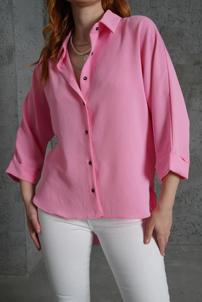 Kol Katlama Detaylı Pembe Gömlek - Resim 4