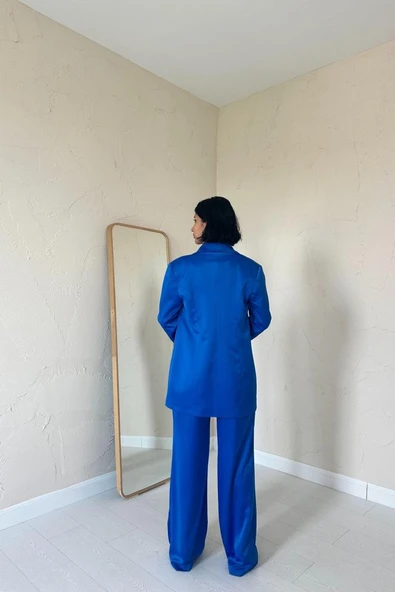 Mavi Saten Ceket Ve Pantolon Takım - Resim 4