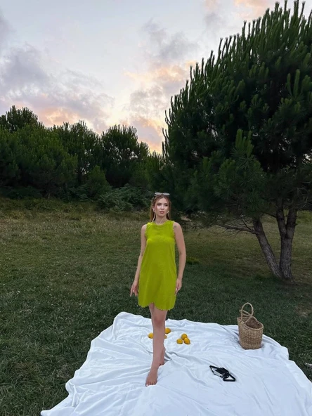 Kadın Keten Kumaş Kolsuz Mini Boy Elbise - Resim 4