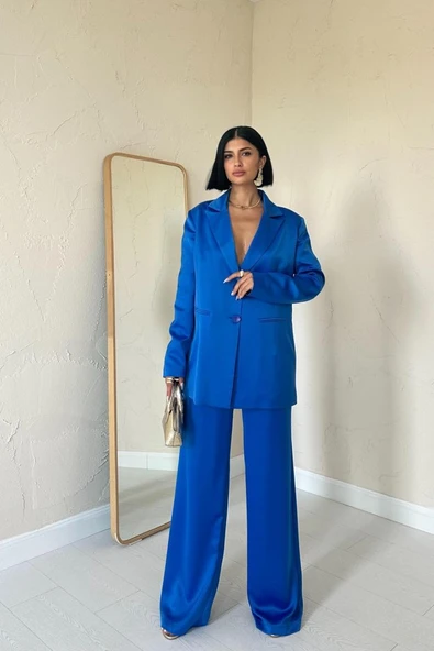Mavi Saten Ceket Ve Pantolon Takım ürün görseli