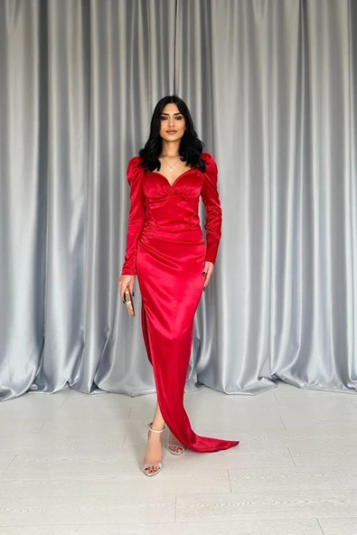 Kırmızı Göğsü Kuplu Yırtmaçlı Elbise ürün görseli