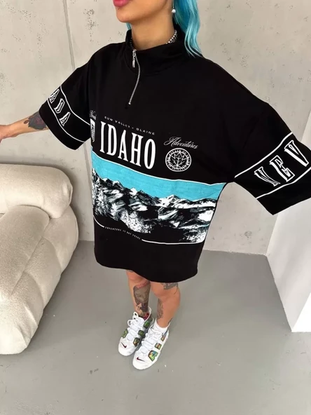 Unisex Baskılı Yarım Fermuarlı T-Shirt - Siyah ürün görseli