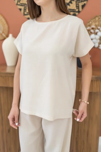 Bej T-Shirt Ve Pantolon Takım - Resim 3