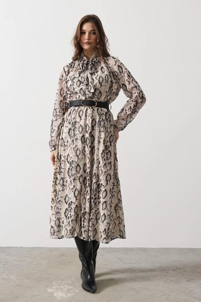 Yılan Desen Uzun Yaka Detaylı Elbise - Krem-Siyah - Resim 2