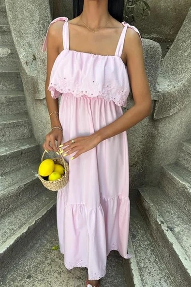 Etek Ucu Brode Nakışlı Boyundan Bağlamalı Elbise 2881 - Resim 6