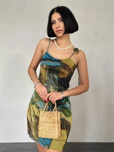 Desenli Askılı Bastik Elbise - Resim 2