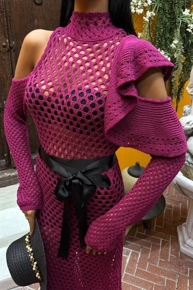 Saten Kuşaklı Ajurlu Triko Elbise 2847 - Resim 3