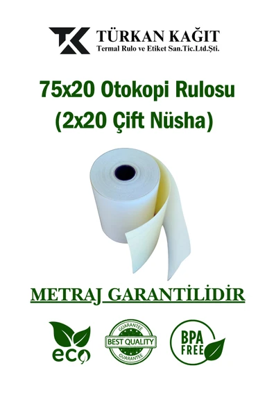 RULORULO 75x20 Otokopi Rulosu 2x20mt Çift Nüsha 15 Paket 150 Adet
