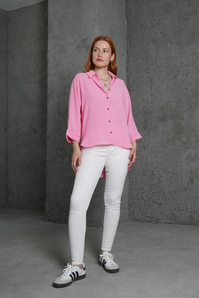 Kol Katlama Detaylı Pembe Gömlek - Resim 2