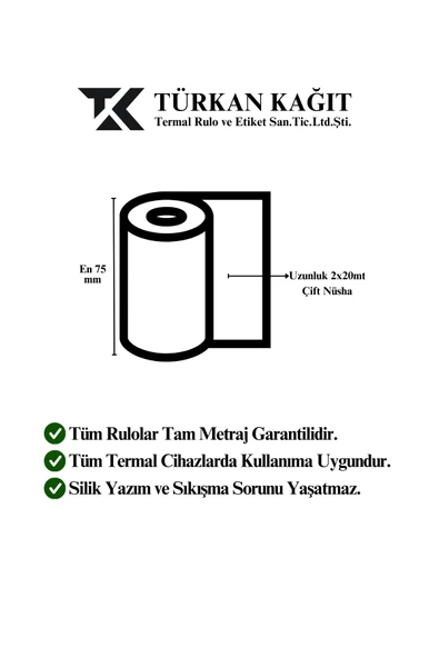RULORULO 75x20 Otokopi Rulosu 2x20mt Çift Nüsha 15 Paket 150 Adet - 2