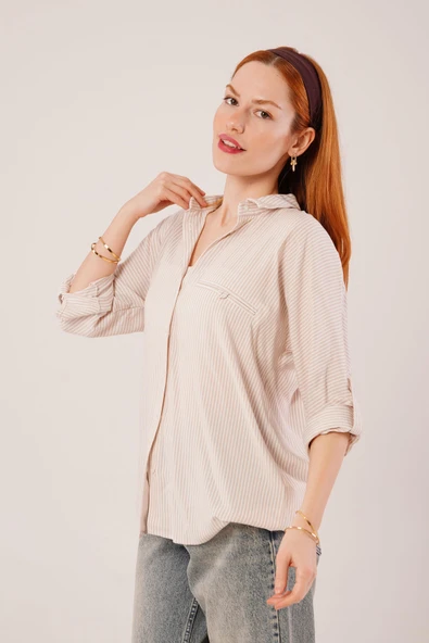 Cep Detay Çizgili Oversize Krem Gömlek - Resim 3