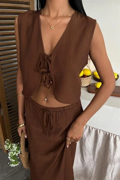 Yelek Önden Bağlamalı Uzun Etekli Takım 10192 - Resim 3