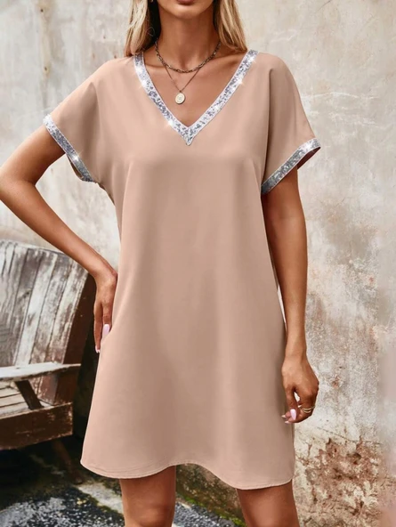 Kadın Yaka Ve Kol Pul Payet şeritli Ithal Krep Elbise - Resim 2