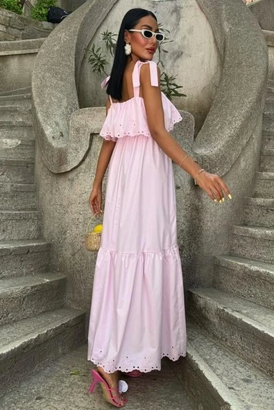 Etek Ucu Brode Nakışlı Boyundan Bağlamalı Elbise 2881 - Resim 2