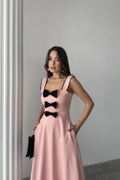 Pudra Fiyonk Garnili Dantelli Elbise - Resim 4