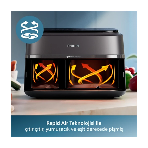 NA350/00 3000 Serisi Airfryer Çift Hazneli, Rapid Air Plus Teknolojisi, 8 Ayarlı Dijital Ekran, HomeID Uygulaması, - Resim 2