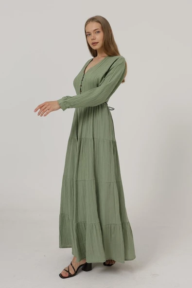 Önü Yarım Düğmeli Uzun Kol Kemerli Elbise - Haki - Resim 4