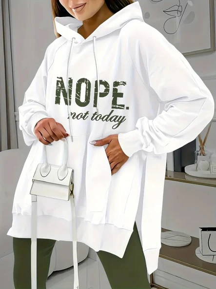 Kadın Uzun Kollu Kapşonlu Bağcıklı Viskon Iki Iplik Sweat - Resim 3