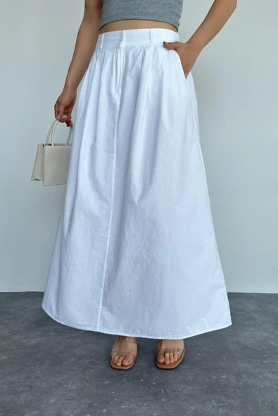 İnce Pileli Düz Etek - Beyaz - 2