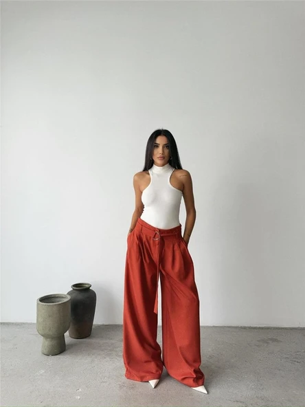 PALAZZO PANTOLON KUMAŞ KEMER DETAYLI - Kiremit ürün görseli