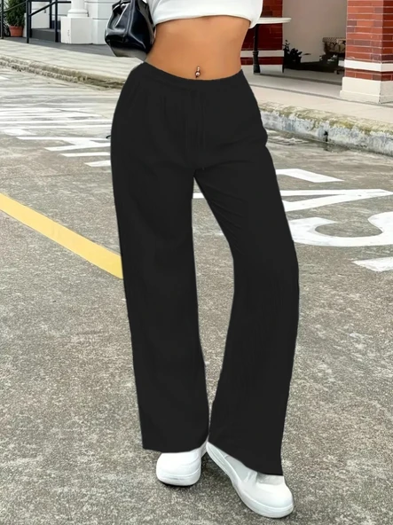 Kadın Yüksek Bel Bol Paça Bürümcük Pantolon - Resim 2