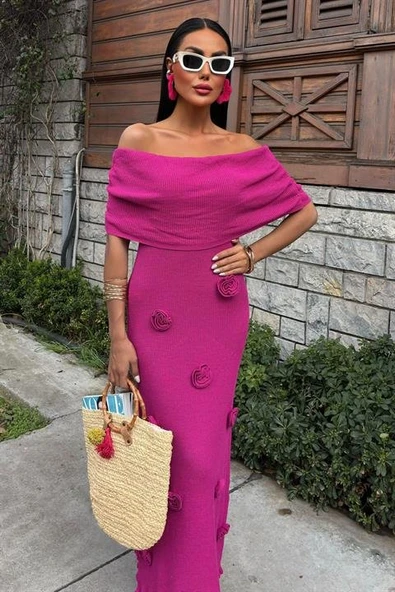 Eteği Gül Detay Madonna Yaka Elbise 2863 - Resim 2