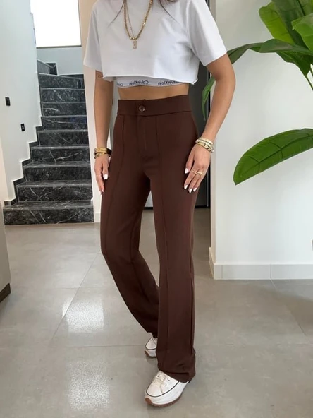 Kadın Yüksek Bel Full Likralı Krep Kumaş Pantolon - Resim 3