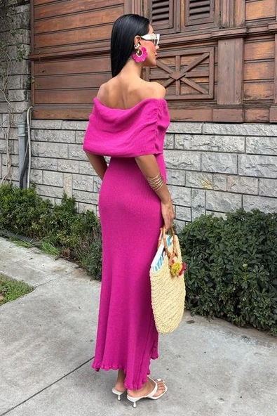 Eteği Gül Detay Madonna Yaka Elbise 2863 - Resim 4