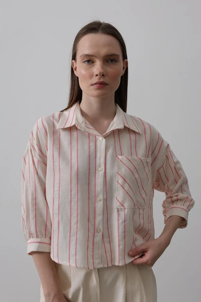 Çizgili Kısa Gömlek - Bej Pembe - Resim 3