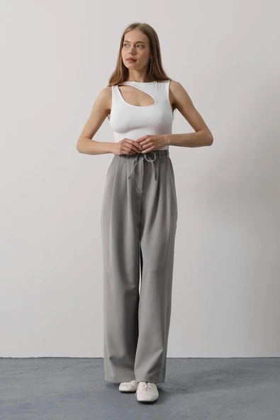 Pileli Bağcıklı Oversize Pantolon - Gri - Resim 4